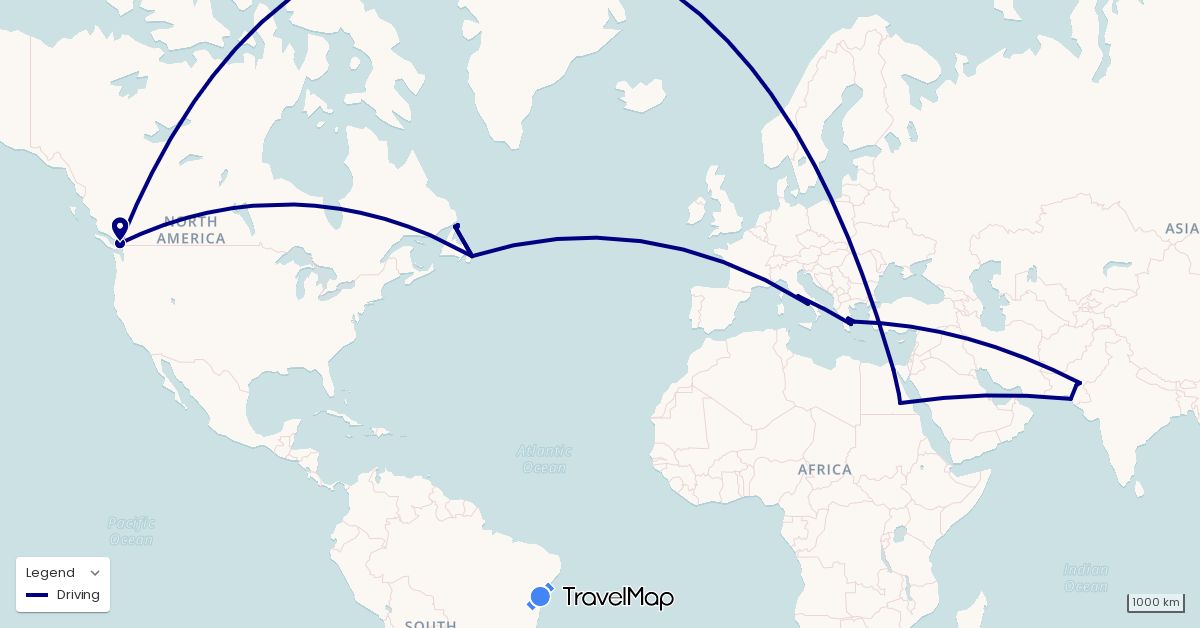 TravelMap itinerary: driving in Canada, Egypt, Greece, Italy, Pakistan (Africa, Asia, Europe, North America)